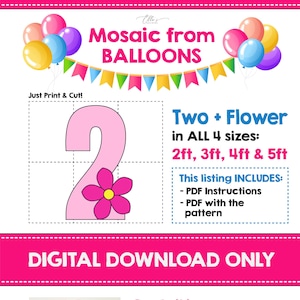 Número 2 + Flor, Plantilla de Mosaico de Flores, Números de Mosaico, Mosaico Número Dos, Segundo Cumpleaños, Mosaico de Globos, Descarga Digital