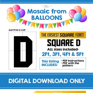 Letra de mosaico D - Fuente cuadrada, Mosaico de globos, Plantilla de mosaico, Letra gigante D, 2 pies, 3 pies, 4 pies, 5 pies, Descarga digital, Archivo PDF