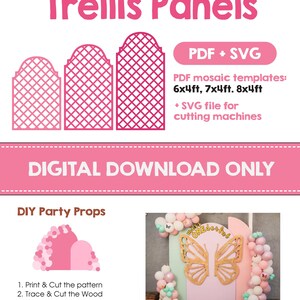 Puede incluir: Plantillas digitales de bricolaje para paneles de enrejado en formatos PDF y SVG. Incluye plantillas de mosaico en tamaños de 6x4ft, 7x4ft y 8x4ft. Contiene instrucciones para imprimir, cortar y ensamblar, junto con una foto de cliente.