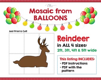 Rendier kerst rekwisieten, rendieren ballon mozaïek sjabloon, kerstmozaïek van ballonnen, kerst ballon mozaïek, digitale sjabloon, DIY