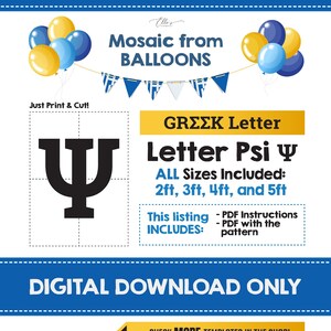 Griechischer Buchstabe Psi Ψ, Ballon-Mosaik-Vorlage, Ψ, Griechische Buchstaben-Mosaik aus Ballons, Sorority DIY-Ideen, Ballon-Mosaik, digitaler Download