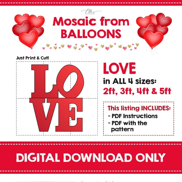 LOVE Valentine's Mosaic Template, Love from Balloons, Mosaic from Balloons, Mosaic Letters, Mosaic from Balloons, PDF, EllesPaperBoutique