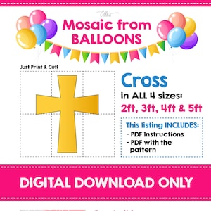 以下が含まれることがあります： 風船で作った十字架のデジタルダウンロードパターン。パターンは4つのサイズで提供されます。60 cm、90 cm、120 cm、150 cm。画像は、黄色の十字架のアウトラインと、ピンクの風船で作った数字の13を示しています。