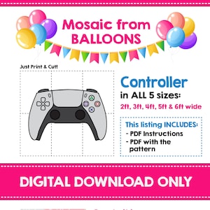 Può includere: Download digitale per un progetto di artigianato a mosaico di controller fai-da-te. L'immagine mostra un contorno di controller, un numero 13 fatto di punti di palloncini rosa e bianchi, e istruzioni per creare il progetto. Le istruzioni includono la stampa e il taglio del modello, il tracciamento e il taglio del pannello di schiuma, e l'incollaggio dei pezzi. I materiali necessari includono una stampante, un taglierino, un pannello di schiuma, una pistola per colla a caldo, bastoncini di colla, palloncini e punti di colla.