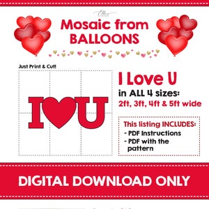 I LOVE You Template, Valentine's Mosaic Template, Love from Balloons, Mosaic from Balloons, Mosaic from Balloons, PDF, EllesPaperBoutique