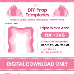 Puede incluir: Plantillas de decoración DIY en rosa y blanco para un arco triple ondulado. Las plantillas están disponibles en formatos PDF y SVG e incluyen tamaños de 3 a 8 pies. La imagen también muestra un ejemplo del arco utilizado como accesorio de fiesta.