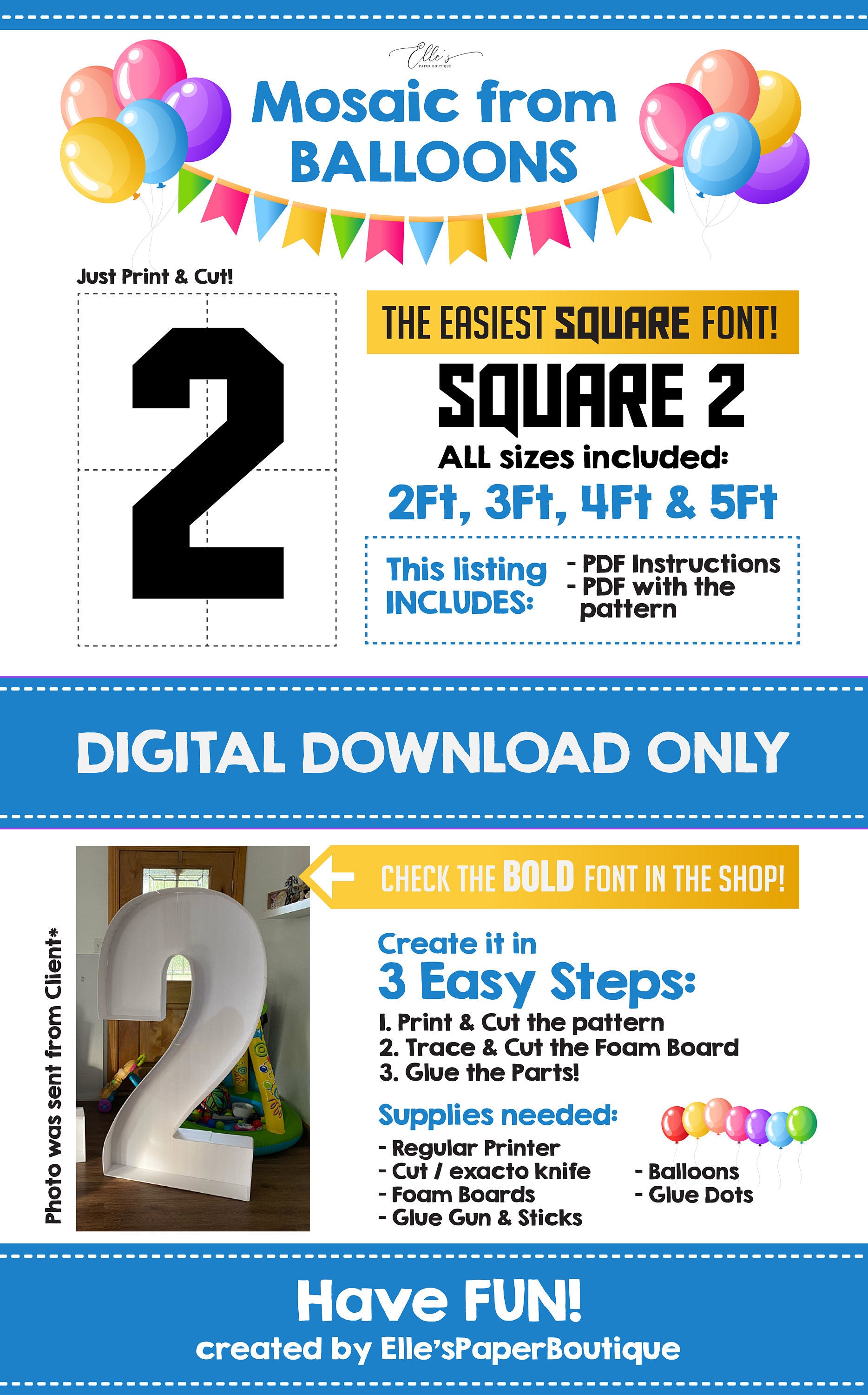 Square Number 2 Balloon Mosaic Template Two Mosaic Number Etsy