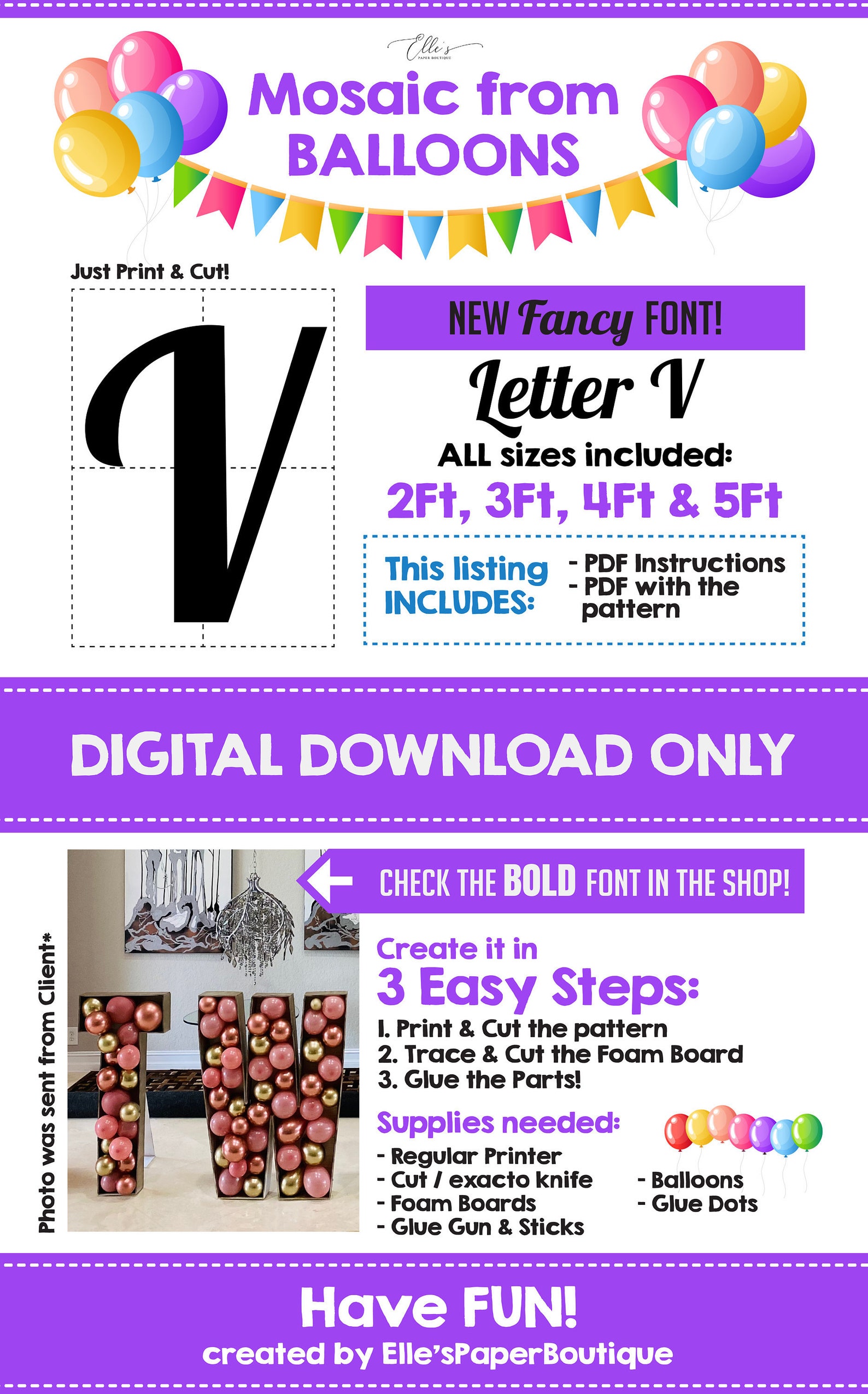 FANCY Mosaic Letter V, Mosaic From Balloons V, Mosaic Template From ...