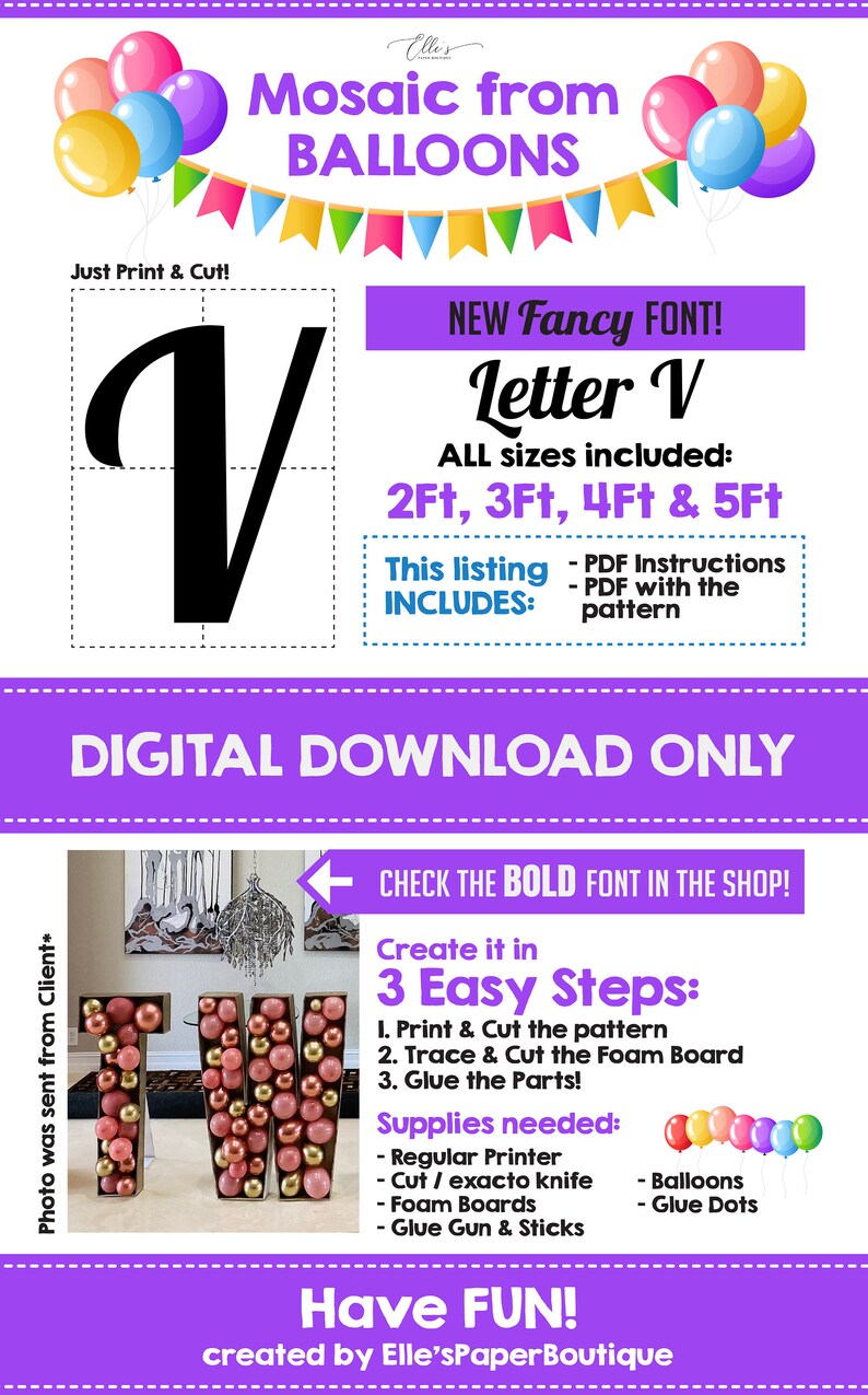 FANCY Mosaic Letter V, Mosaic From Balloons V, Mosaic Template From ...