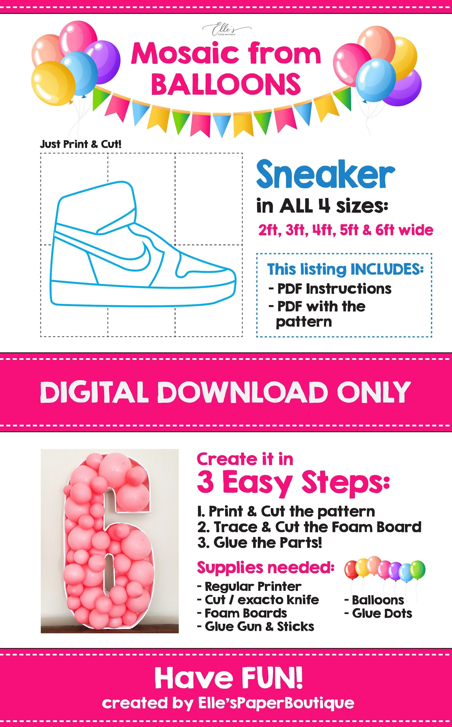 Sneaker from Balloons, Shoe Mosaic from Balloons, Decor Ideas, Mosaic Letters, Mosaic Template, 2ft 3ft, 4ft, 5ft, DIY, Mosaic Sneaker