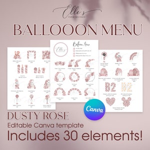 CANVA Balloon Menu, Editable Balloon Menu, Dusty Rose Balloon Pricing List Template, Balloon Menu Template, Balloon Artist, Balloon Decor