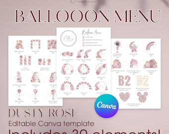 Menu ballon CANVA, menu ballon modifiable, modèle de liste de prix de ballons rose poudré, modèle de menu ballon, artiste de ballons, décoration de ballons