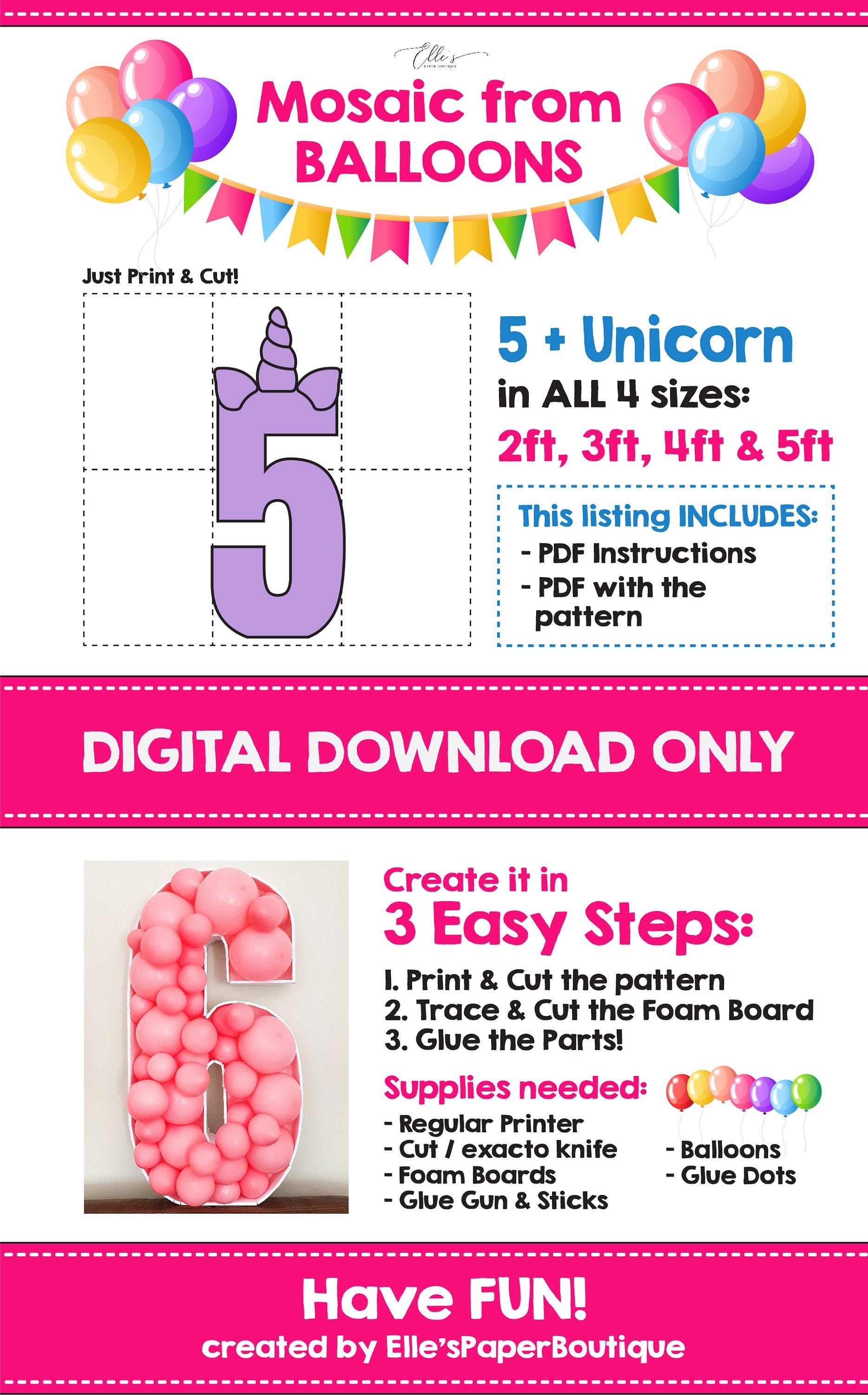 number 5 unicorn unicorn number 5 mosaic template number etsy