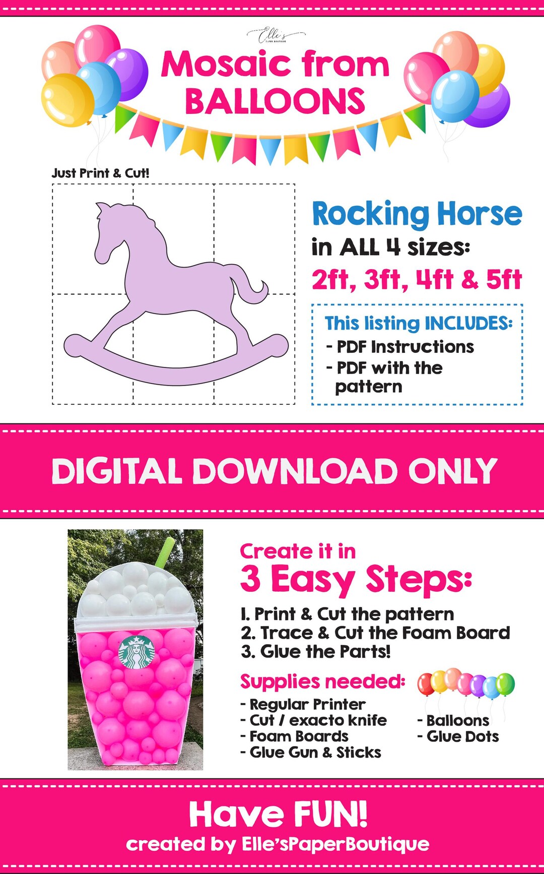 Rocking Horse Template, Horse Mosaic Balloons, Baby Balloon Mosaic