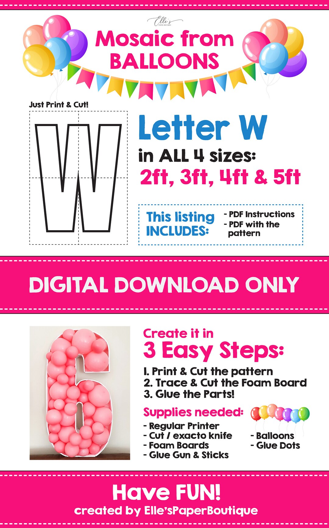 Mosaic Letter W Template, Balloon Decoration (digital Download) - Etsy