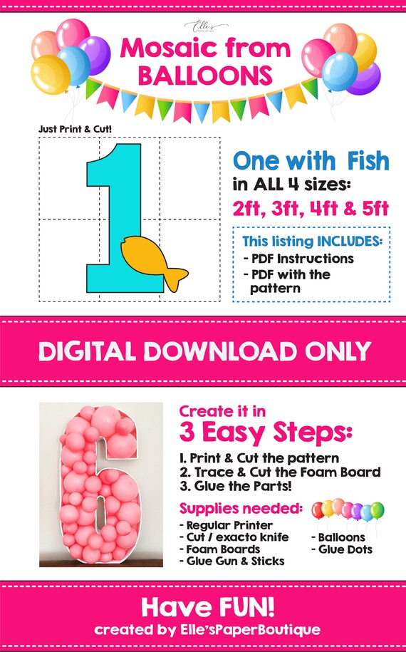 Number 1 Fish Mosaic, Mosaic Numbers, Number One Mosaic Template From  Balloons, Sea Party, Fish Mosaic From Balloons, Digital Download 