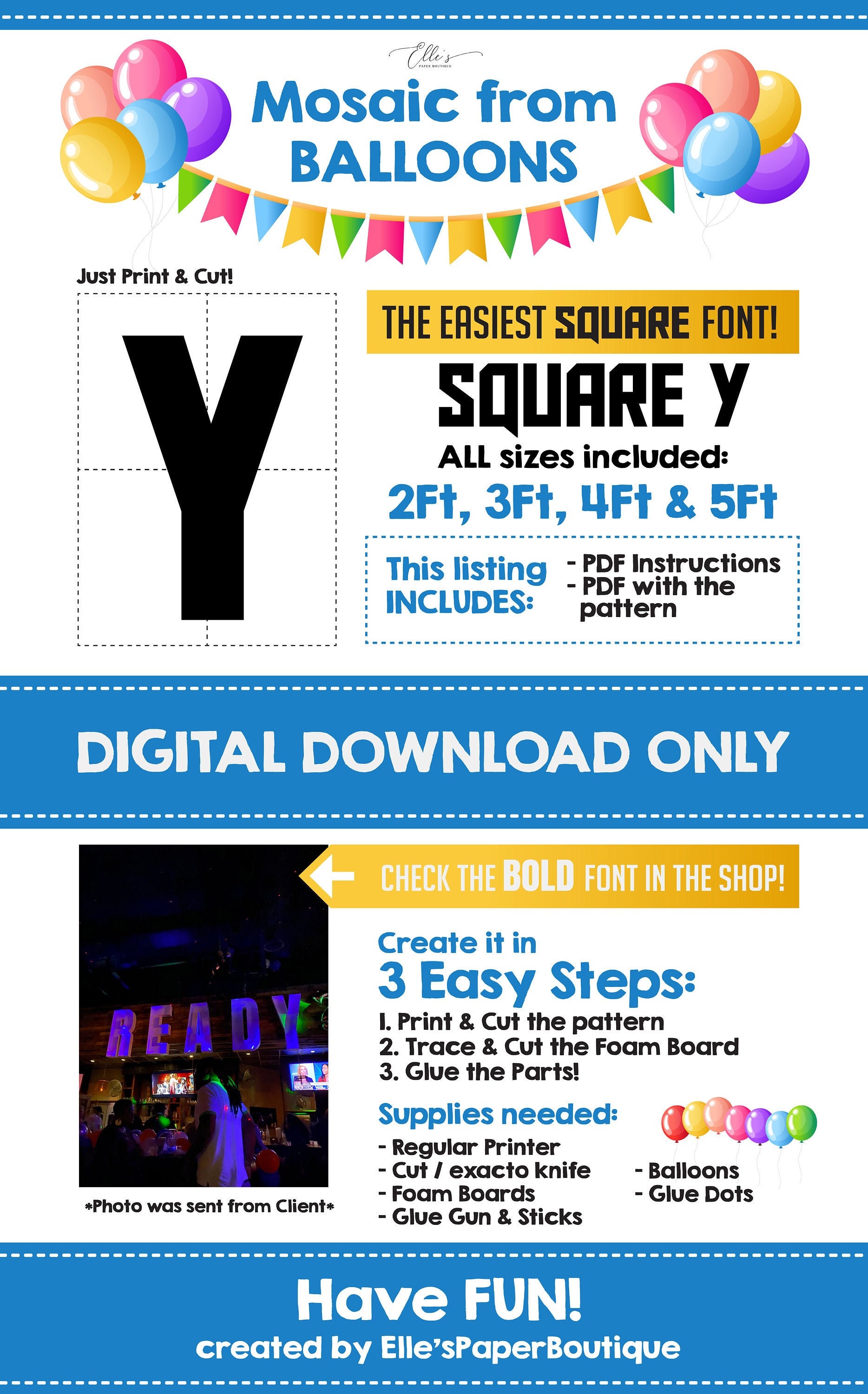 Mosaic Letter Y - Square Letter Y, Mosaic Letters, Wood Marquee Letters Template, Mosaic from Balloons, 2ft, 3ft, 4ft, 5ft, Digital Download