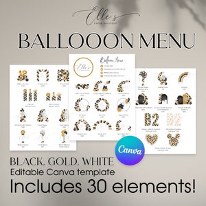 Menu a palloncino CANVA, Menu a palloncino modificabile nero, oro e bianco, Modello di listino prezzi palloncino, Modello di menu a palloncino, Artista di palloncini, Palloncino