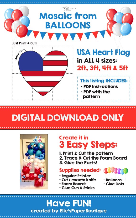 USA Heart Flag Mosaic Balloons, 4th July Mosaic from Balloons, USA , Independence Day, 4th July Mosaic Template, DIGITAL File
