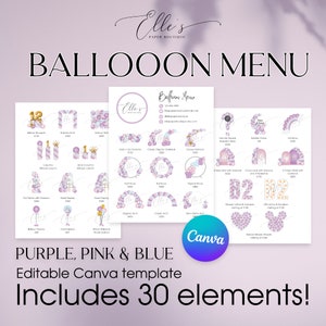 CANVA Balloon Menu, Pink, Purple & Blue, Editable Balloon Menu, Purple Balloon Pricing List Template, Balloon Menu Template, Balloon Artist