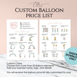 CUSTOM Balloon Price List, Balloon Menu, Balloon Price Guide, DIGITAL Price Guide, Balloon Artist, Balloon Pricing Menu, EllesPaperBoutique