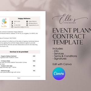 Event Planner Contract Template, Balloon Artist Contract, Balloon Stylist Agreement, Decor Contract, CANVA Template, EllesPaperBoutique
