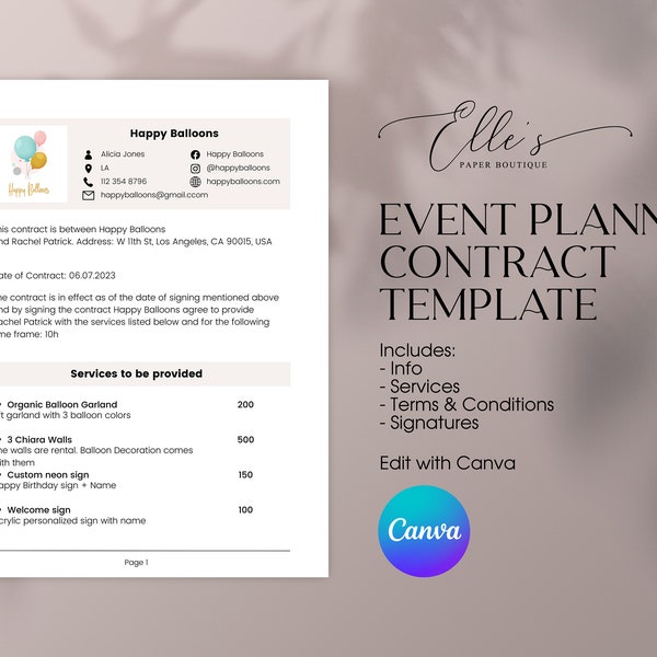 Event Planner Contract Template, Balloon Artist Contract, Balloon Stylist Agreement, Decor Contract, CANVA Template, EllesPaperBoutique