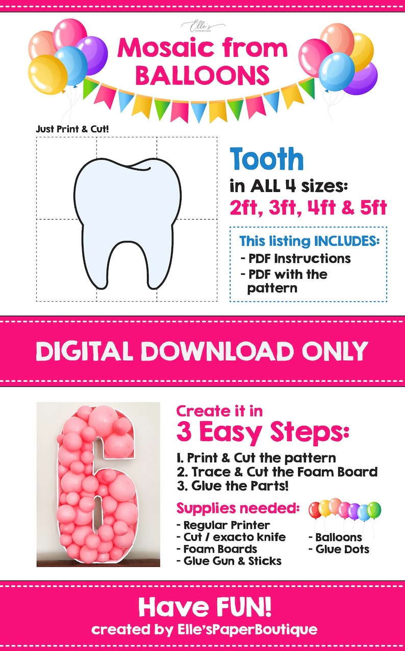 Tooth Mosaic From Balloons Tooth Fairy Mosaic Template Tooth - Etsy