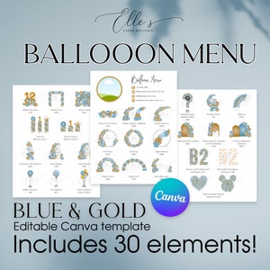 CANVA Ballonmenü, Blau & Gold bearbeitbares Ballonmenü, Ballonpreislistenvorlage, Ballonmenüvorlage, Ballonkünstler, Ballon