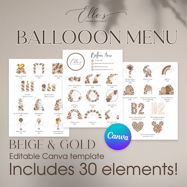 Menu ballons CANVA beige, menus ballons modifiables, modèle de liste de prix ballons tons neutres, modèle de menu ballons, artiste de ballons, ballon