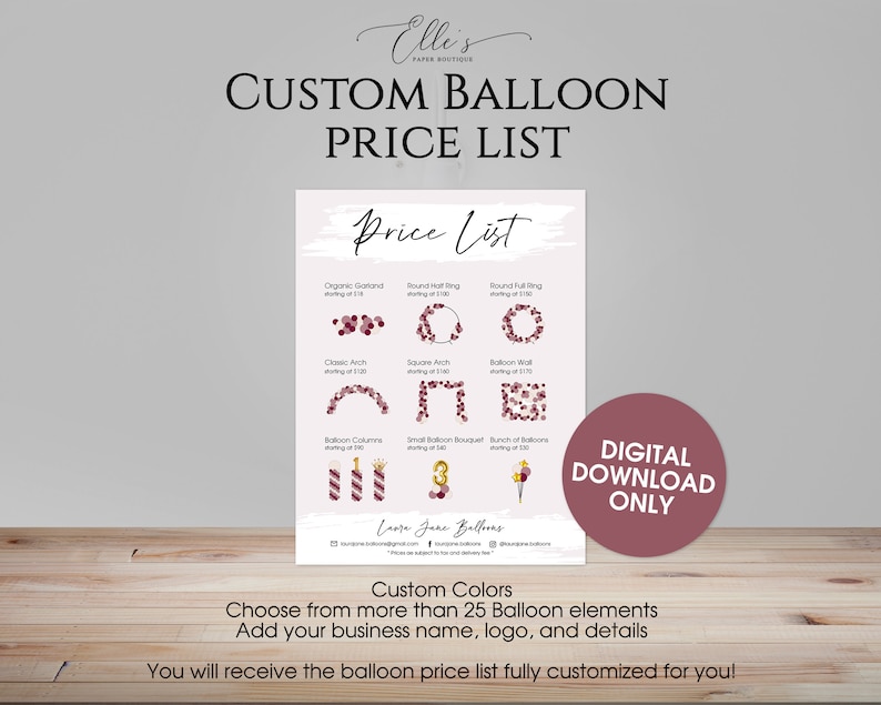 Custom Balloon Menu Balloon Price List, CUSTOM Balloon Menu, Balloon Price Guide, DIGITAL ...