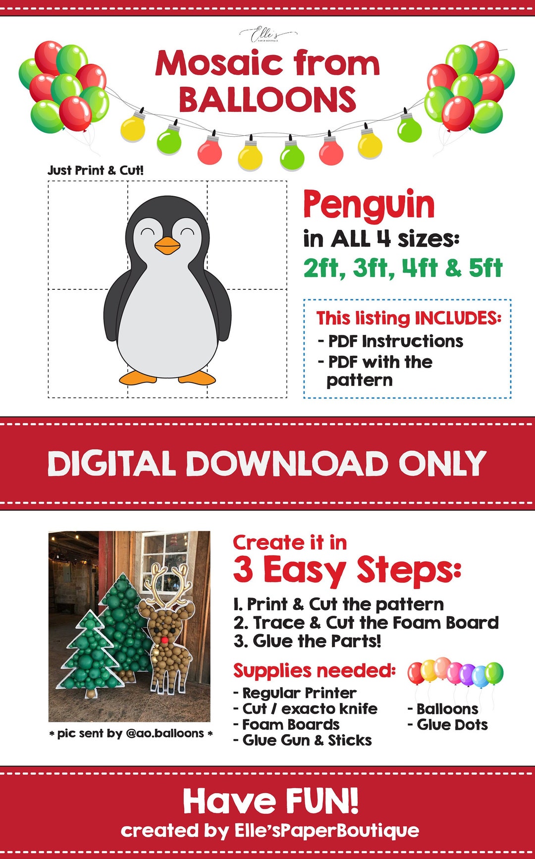 Penguin Balloon Mosaic Template, Christmas Penguin Mosaic From Balloons ...