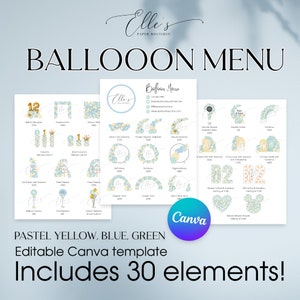 CANVA Ballonmenü, Pastellfarben bearbeitbares Ballonmenü, Blaue Ballon-Preislistenvorlage, Ballonmenüvorlage, Ballonkünstler