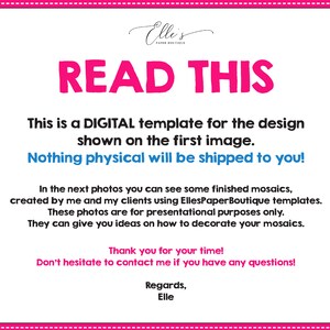 May include: A pink and white text graphic with the words "READ THIS" in large, bold letters. The text below explains that this is a digital template for the design shown in the first image and that nothing physical will be shipped. The text also includes information about the photos in the listing and encourages buyers to contact the seller with any questions.