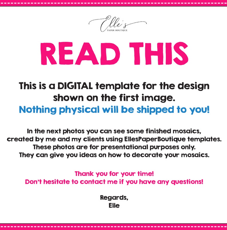 May include: A pink and white text graphic with the words "READ THIS" in large, bold letters. The text below explains that this is a digital template for the design shown in the first image and that nothing physical will be shipped. The text also includes information about the photos in the listing and encourages buyers to contact the seller with any questions.