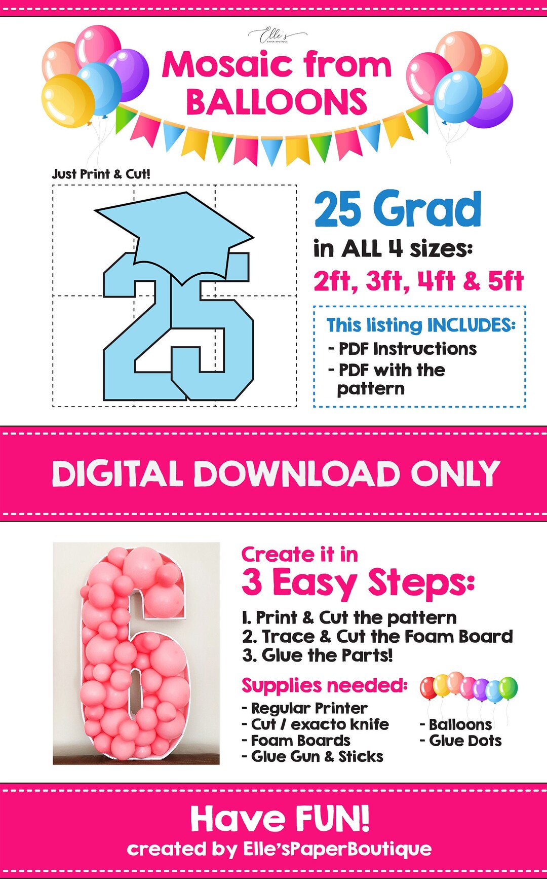 Buy 25 Graduation Hat From Balloons, Mosaic Template, 25 Graduate