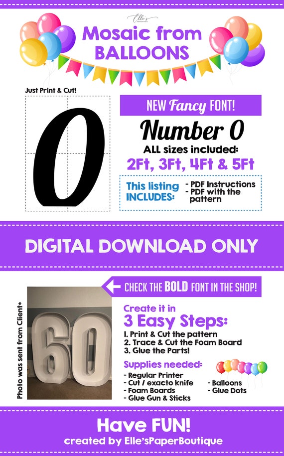 FANCY Number 0 Balloon Mosaic Template Zero Mosaic Number Etsy