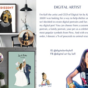 May include: Digital art by Kell, a digital artist who creates custom pet portraits, family portraits, and pet portraits as celebrities. The artist donates a percentage of proceeds to animal rescues. The image shows a digital portrait of a couple in wedding attire, a digital portrait of a dog wearing glasses and a judge's robe, and a photo of the artist holding a dog.