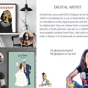 May include: Digital art by Kell, a digital artist who creates custom pet portraits, family portraits, and pet portraits as celebrities. The artist donates a percentage of proceeds to animal rescues. The image shows a digital portrait of a couple in wedding attire, a digital portrait of a dog wearing glasses and a judge's robe, and a photo of the artist holding a dog.