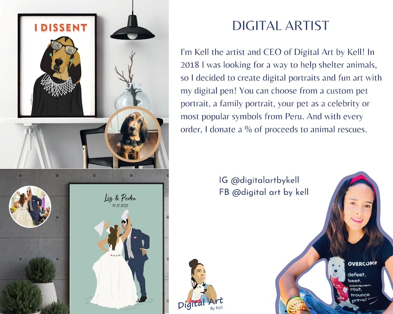 May include: Digital art by Kell, a digital artist who creates custom pet portraits, family portraits, and pet portraits as celebrities. The artist donates a percentage of proceeds to animal rescues. The image shows a digital portrait of a couple in wedding attire, a digital portrait of a dog wearing glasses and a judge's robe, and a photo of the artist holding a dog.