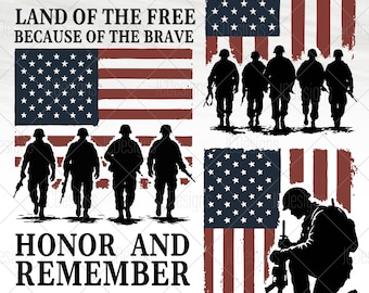 May include: A patriotic design featuring the American flag, silhouettes of soldiers, and the phrases "Land of the Free Because of the Brave" and "Honor and Remember." The design uses a color palette of red, white, and blue.