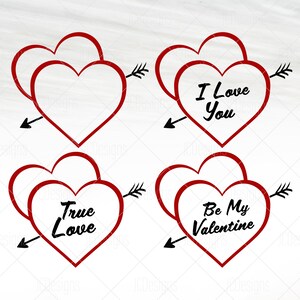 Puede incluir: Cuatro diseños en forma de corazón rojo con flechas negras y texto. Los diseños dicen "Te amo", "Amor verdadero", "Sé mi Valentín" y un corazón en blanco.