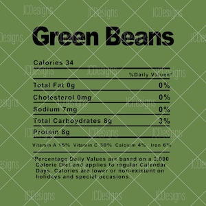 Könnte beinhalten: Nährwerttabelle für grüne Bohnen mit grünem Hintergrund. Die Tabelle listet Kalorien, Gesamtfett, Cholesterin, Natrium, Gesamtk Kohlenhydrate, Protein und Vitamingehalt auf. Die Tabelle besagt, dass grüne Bohnen 34 Kalorien, 0 Gramm Fett, 0 Milligramm Cholesterin, 7 Milligramm Natrium, 8 Gramm Kohlenhydrate, 8 Gramm Protein, 15% Vitamin A, 30% Vitamin C, 4% Kalzium und 6% Eisen enthalten. Die Tabelle enthält auch einen Hinweis darauf, dass die prozentualen Tageswerte auf einer 2.000-Kalorien-Diät basieren und für reguläre Kalendertage gelten. Kalorien sind an Feiertagen und besonderen Anlässen niedriger oder nicht vorhanden.