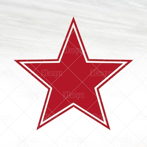 May include: A red five-pointed star with a white outline. The star is on a white background.