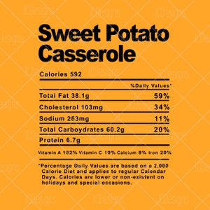 May include: A nutrition facts label for a sweet potato casserole with a yellow background. The label lists the calories, total fat, cholesterol, sodium, total carbohydrates, protein, and percentage daily values for each. The label also lists the vitamin A, vitamin C, calcium, and iron content.