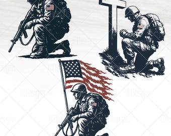 Soldados arrodillados SVG - Arrodillados ante la bandera estadounidense SVG - Veteranos arrodillados ante la cruz - Archivo de corte vectorial Svg Eps Png - Descarga digital patriota
