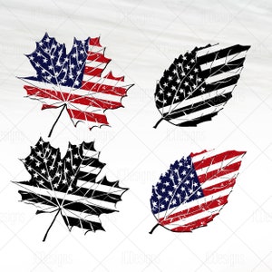 Könnte beinhalten: Vier verschiedene Designs von Ahornblättern mit einem verwitterten Muster der amerikanischen Flagge. Die Blätter sind in Rot, Weiß und Blau.