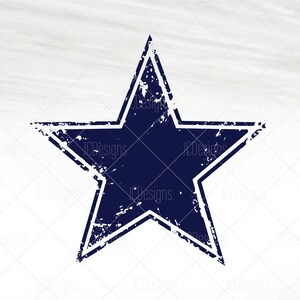 May include: A distressed blue five-pointed star with a white outline on a white background.