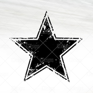 May include: A black five-pointed star with a distressed, worn look. The star has a thick, double outline.