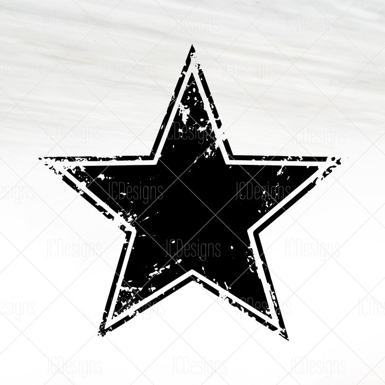 May include: A black five-pointed star with a distressed, worn look. The star has a thick, double outline.